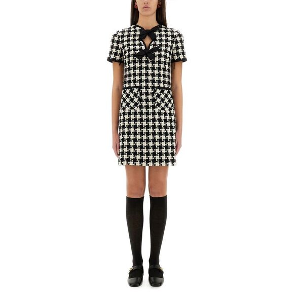 Valentino Women Embroidered Damier Light Tweed Short Dress
